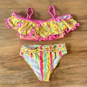 Betsy Johnson Floral and‎ Strip Ruffled Pom-Pom Bikini Set Girls Size 10